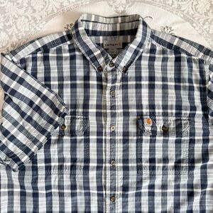 Carhartt Men's Navy and White Checkered Short Sleeve Button Down Shirt size 2XL